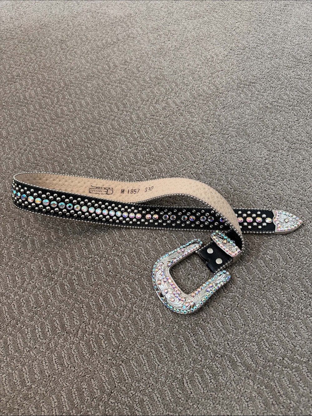 B.B. Simon Black Leather Belt with Iridescent Crystal Embellishments
